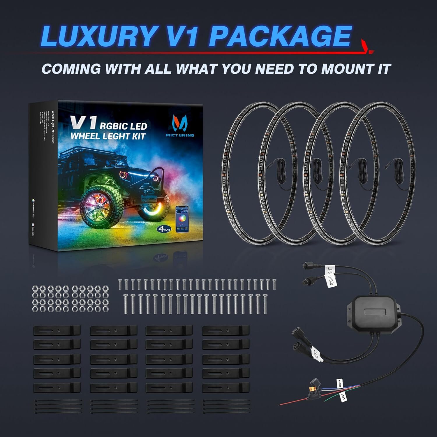 MICTUNING 17inch V1 RGB+IC Chasing Color Wheel Ring Lights Kit with APP Control
