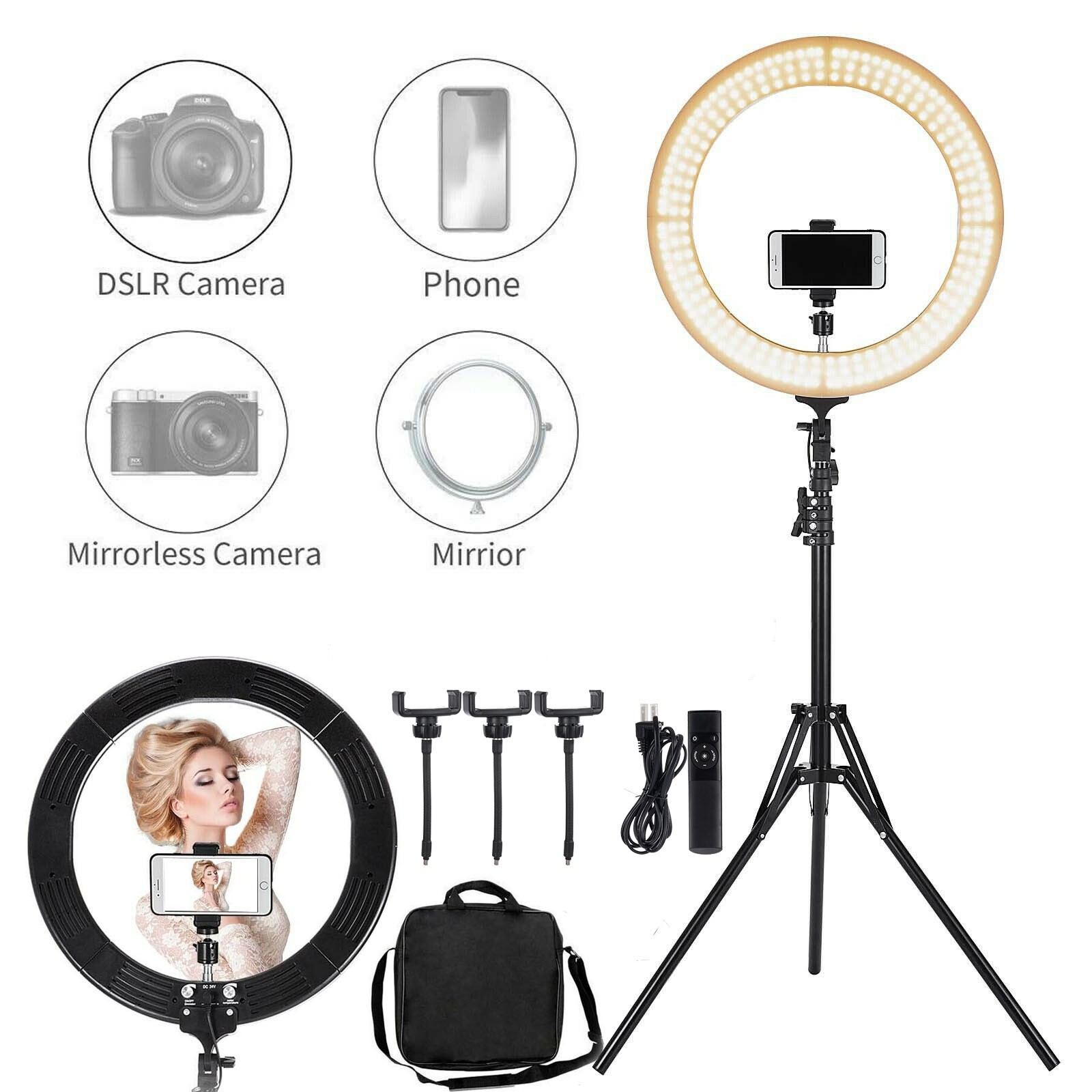 18" LED SMD Ring Light Kit with Stand Dimmable 6600K for Makeup Phone Camera