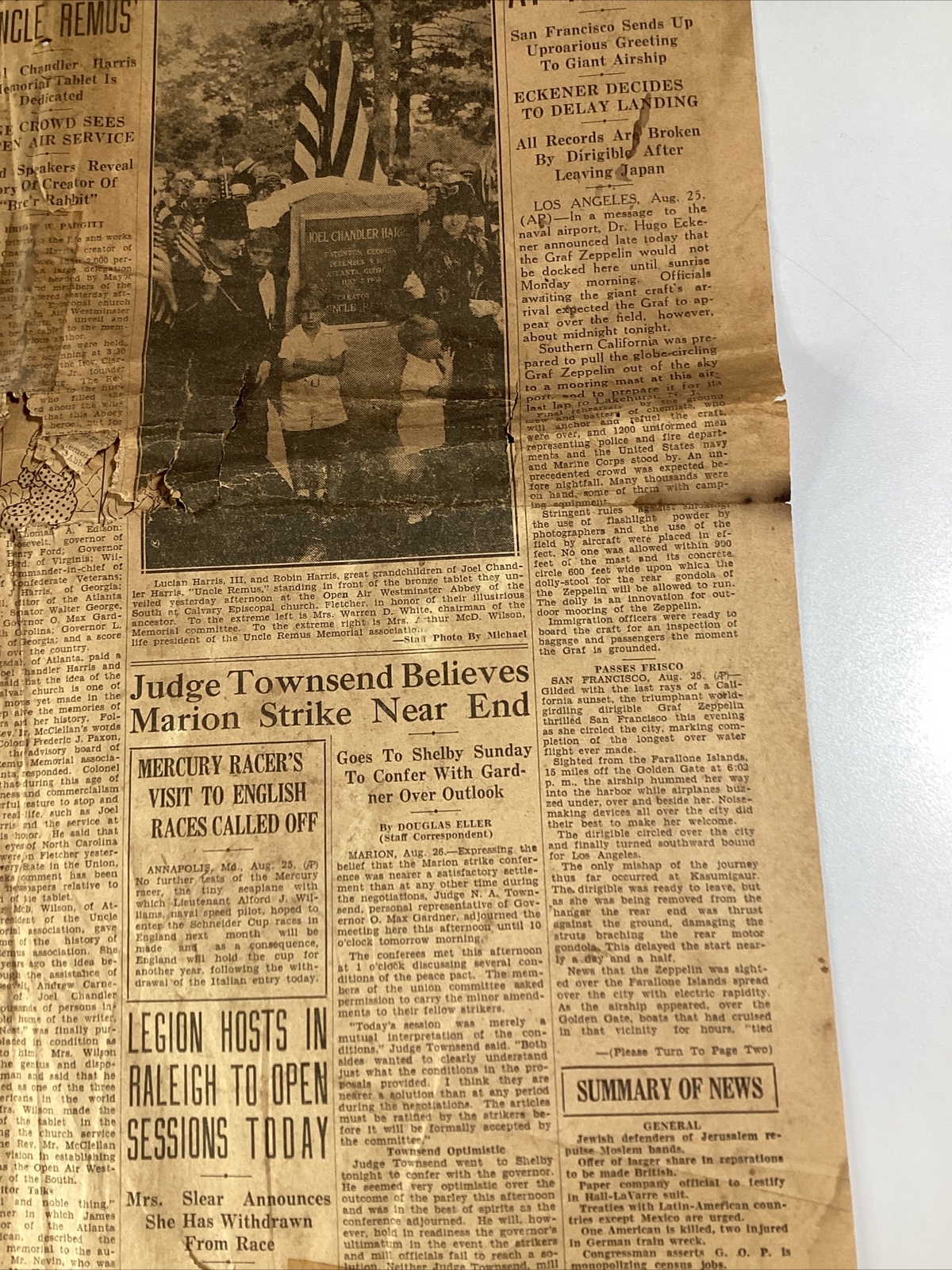 Ashville NC Newspaper Aug 26, 1929 Opera Zeppelin Israel Uncle Remus Great Ads!