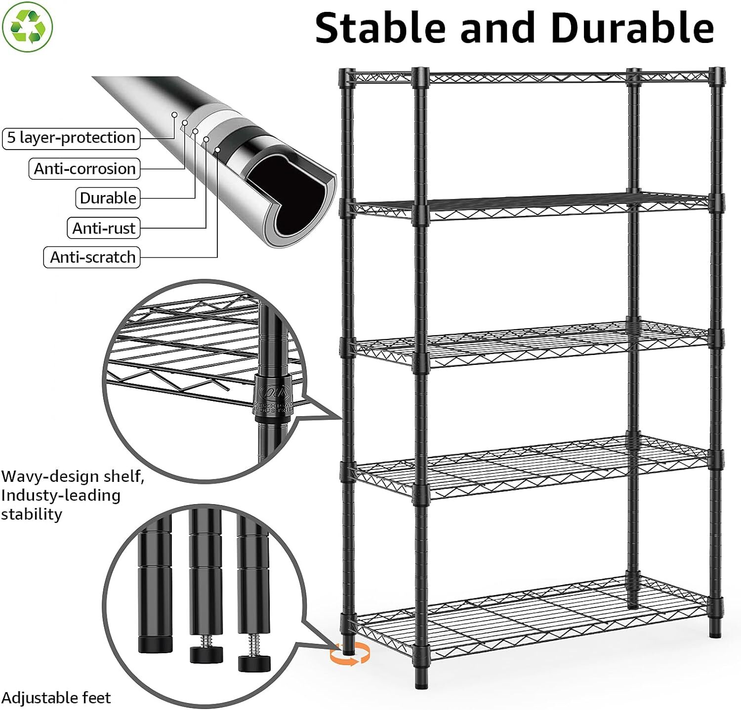 5 Shelves Adjustable Heavy Duty Storage Shelving Steel Organizer Wire Rack Black