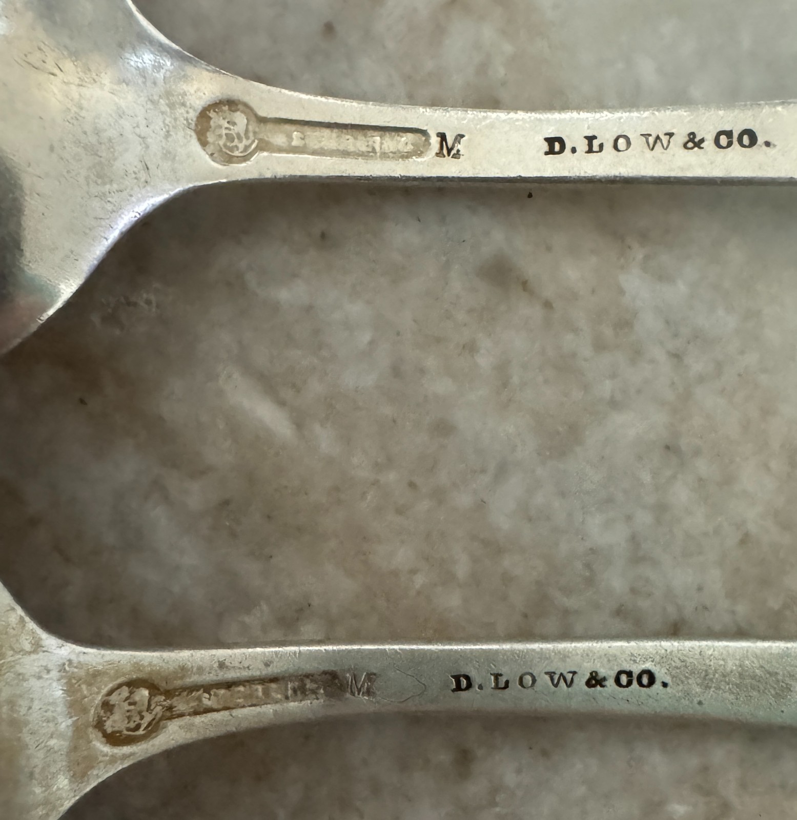 Pair of Antique sterling D. Low & Co. Spoons 7" - 67.3g