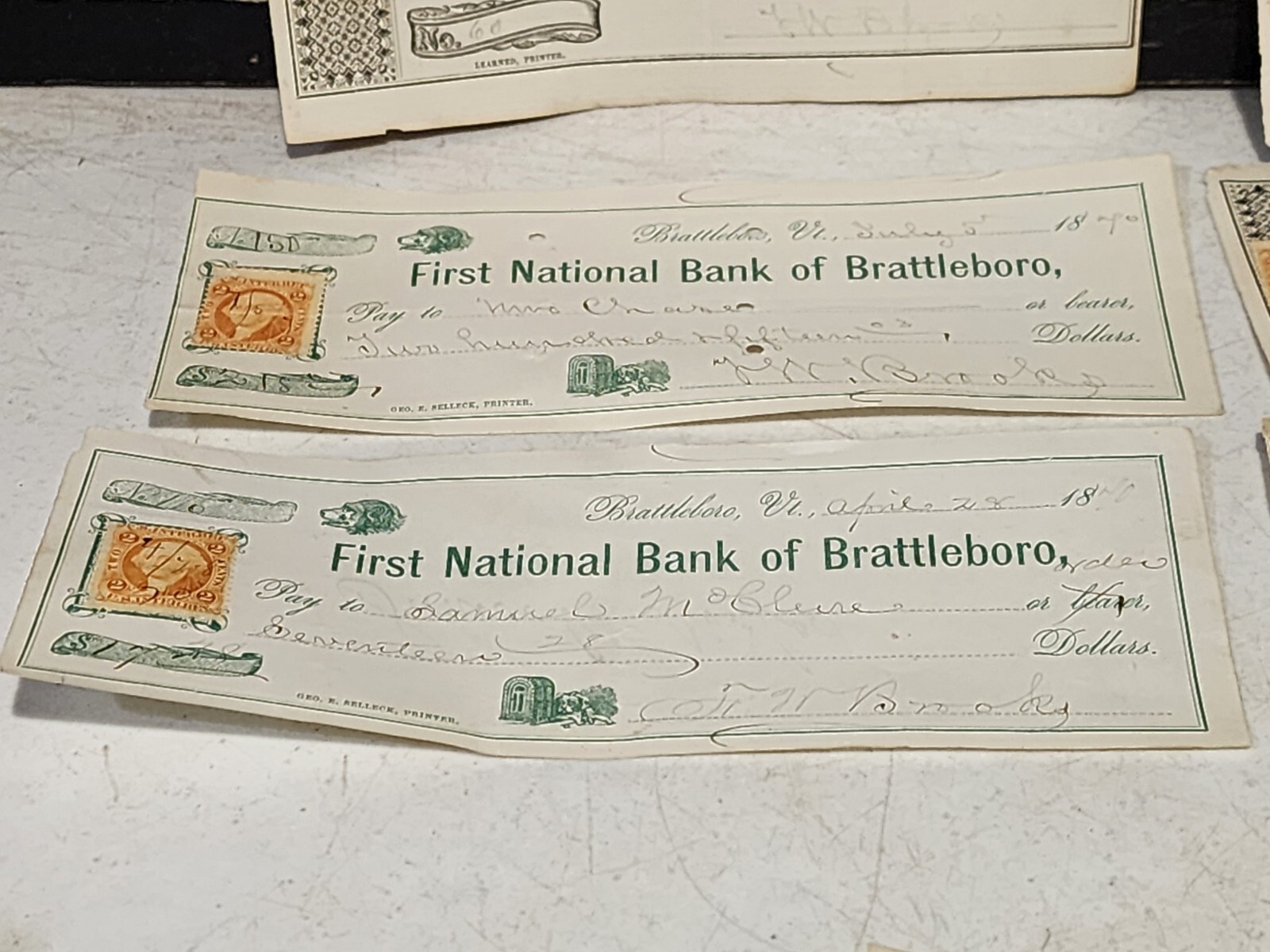 LOT OF 7- Antique Civil War Era Bank Checks w/Stamps BATTLEBORO VERMONT