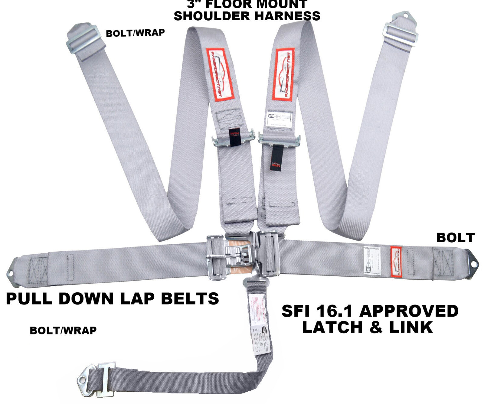 GRAY SFI 16.1 LATCH & LINK 5 POINT RACING HARNESS SEAT BELT FLOOR MOUNT