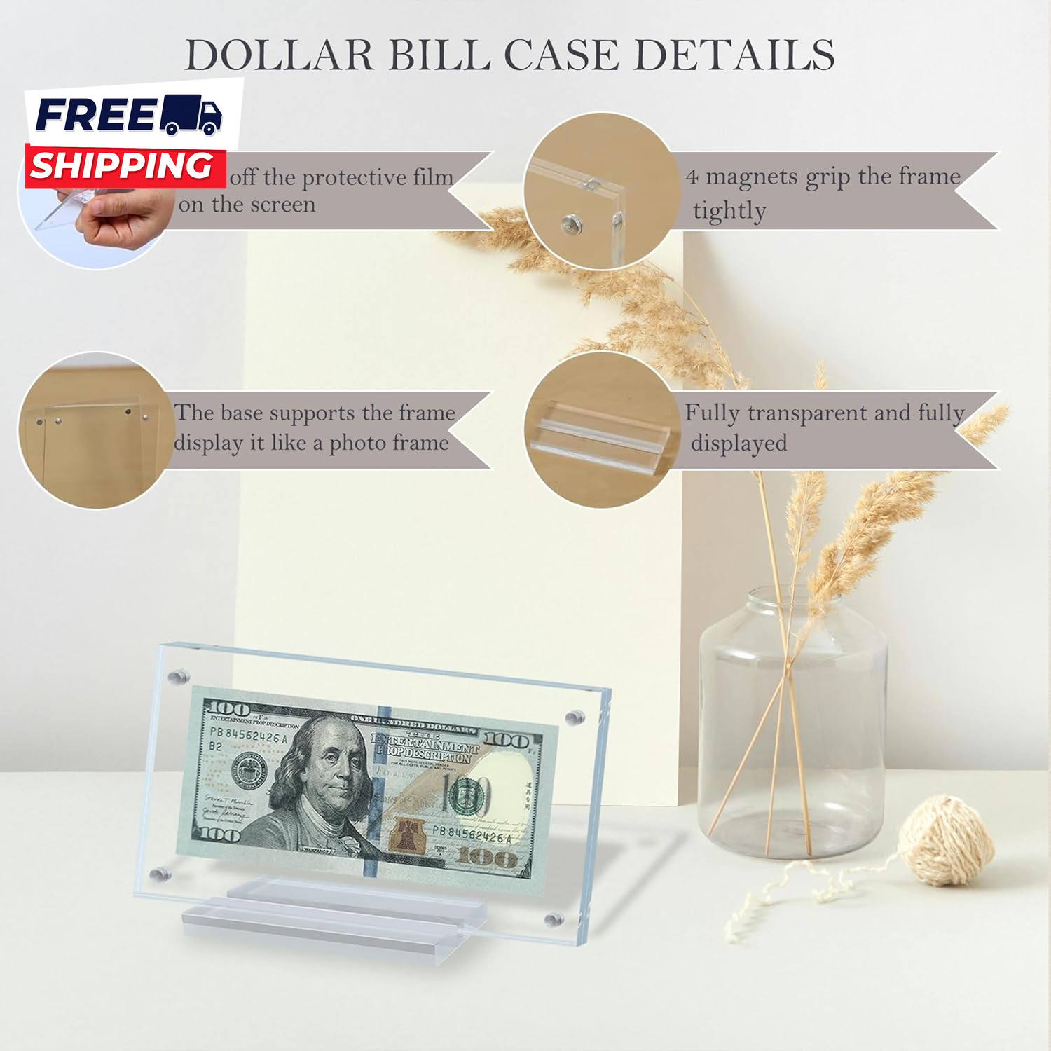 Dollar Bill Frame Display Acrylic Dollar Bill Holder for Collectors Currency
