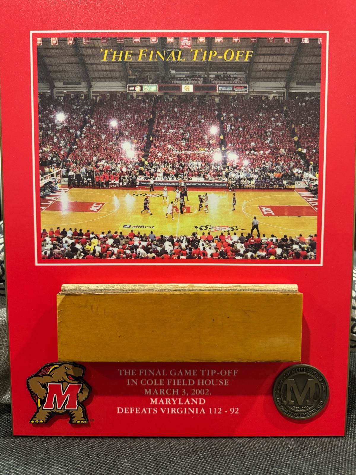 University Maryland Cole Field House - Piece of Actual Floor w/ COA