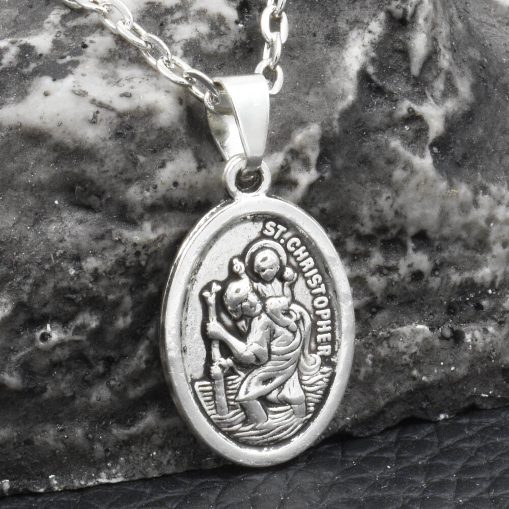 Saint St Christopher Protect Us Oval Silver Medal Pendant Necklace 18" Chain