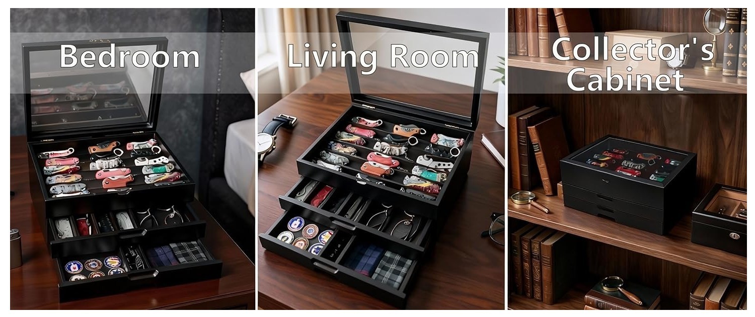 Knife Display Case 43+ Wood Black EDC Pocket Knives Watch Organizer Storage Box