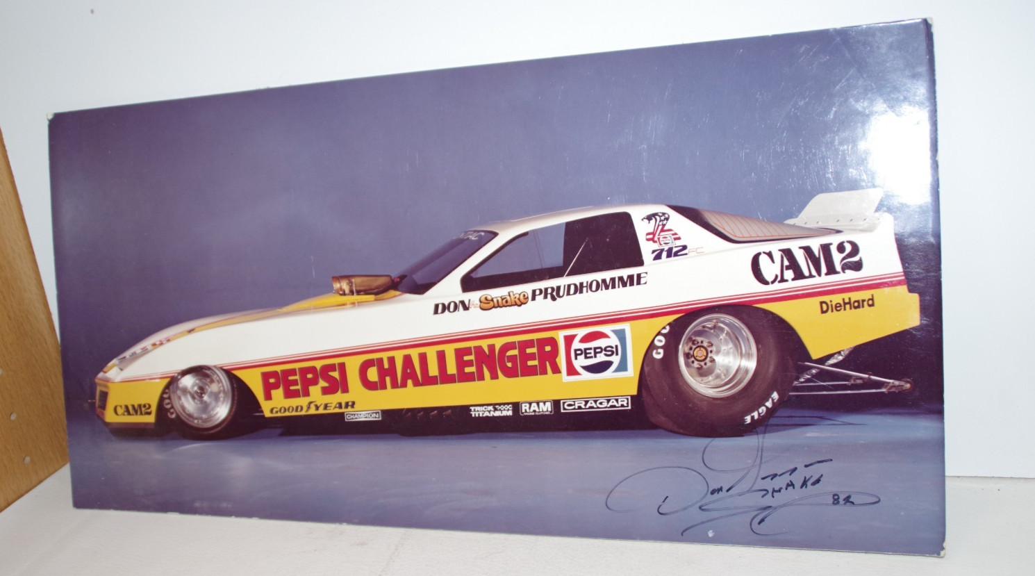 AUTOGRAPHED DON THE SNAKE PRUDHOMME NHRA FUNNY CAR PHOTO LARGE 20X10 ON BOARD