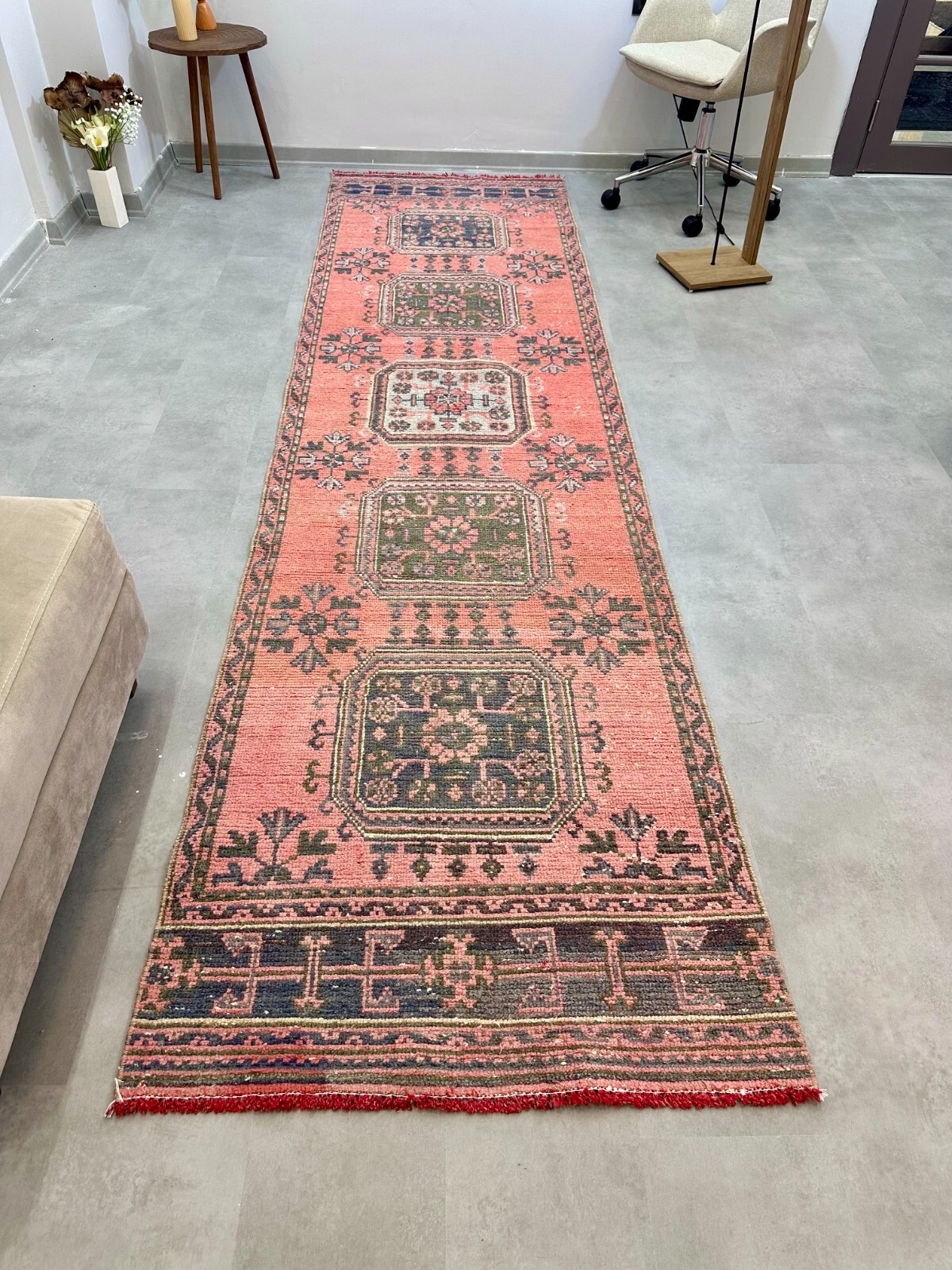 3x11 Pink Floral Vintage Runner, Turkish Runner, Handmade Wool Rug, Oushak Rug