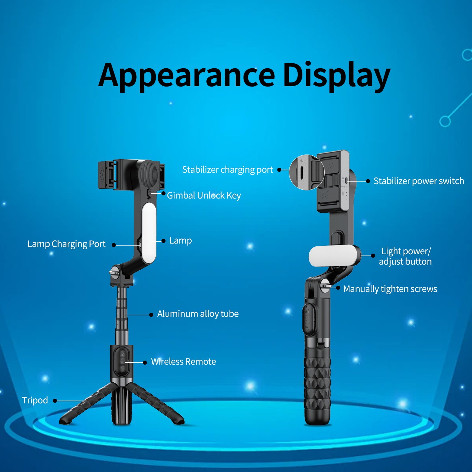 TOALLIN Gimbal Stabilizer for Smartphone,Foldable Selfie Stick, Adjustable Light