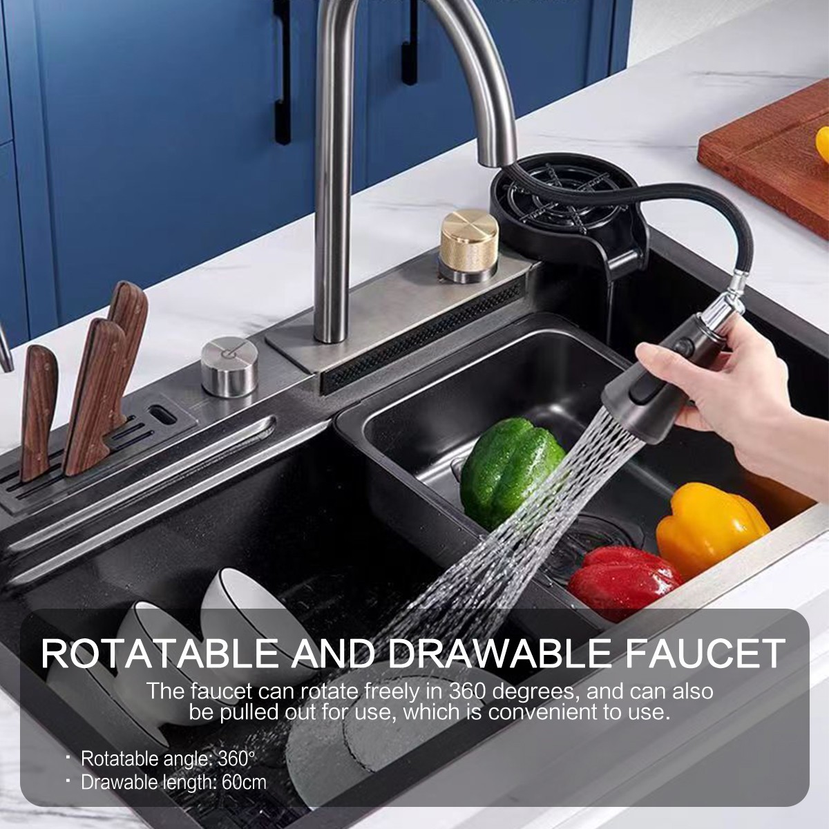 28x17 Flying Rain Stainless Steel Waterfall Kitchen Sink with Faucet Single Bowl