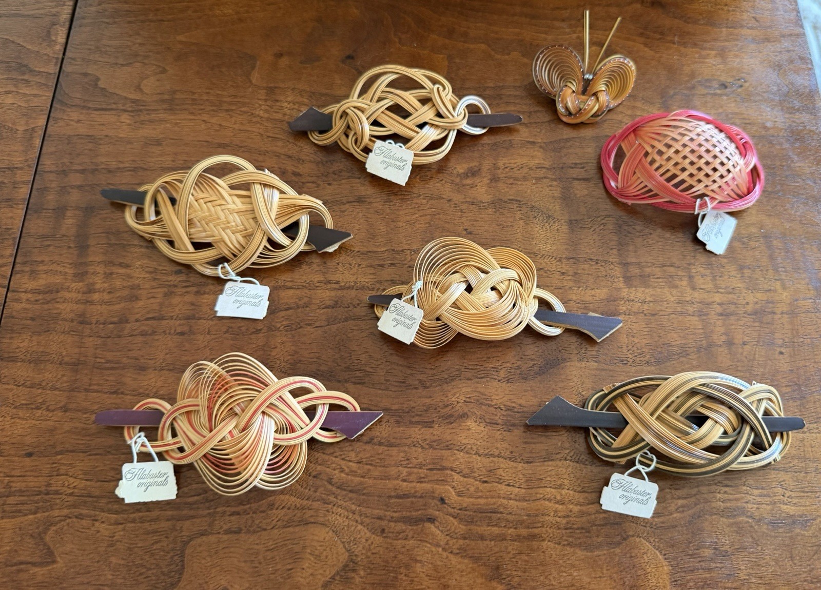 Vintage Lot of 7 Alabaster Originals Wood Bamboo Hair Berets Old Stock Japan