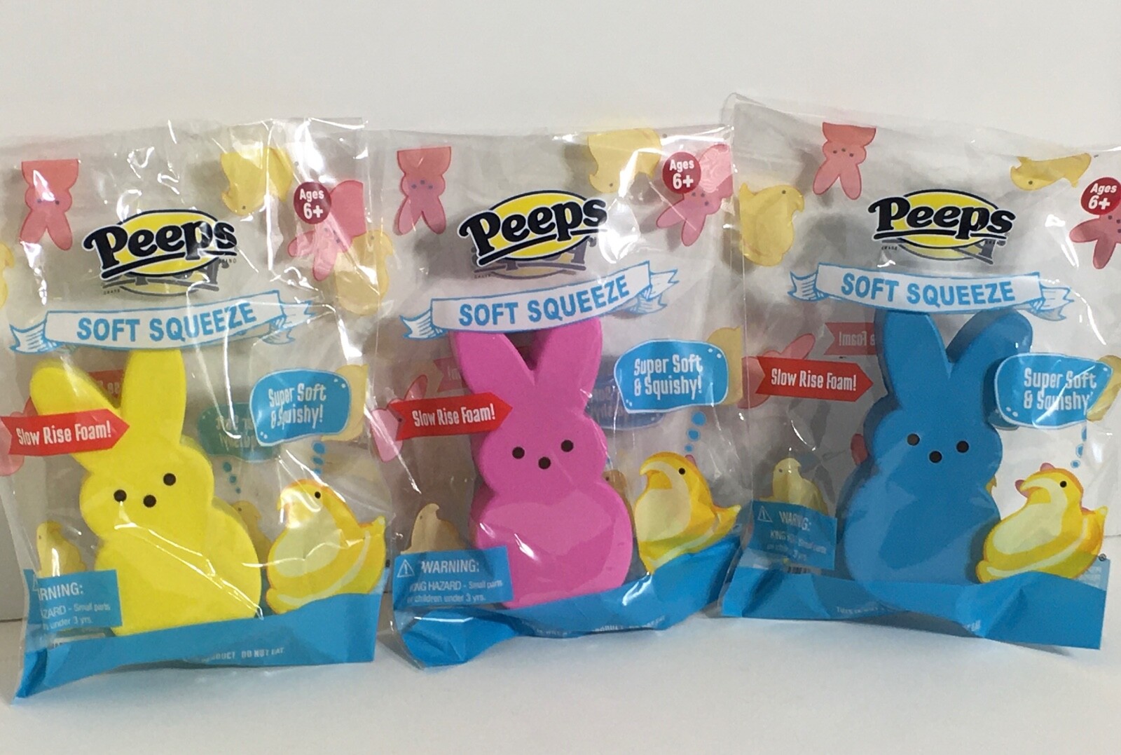 Peeps Bunnies Toy Soft Squeeze Lot of Three Blue Pink Yellow Squishy Easter