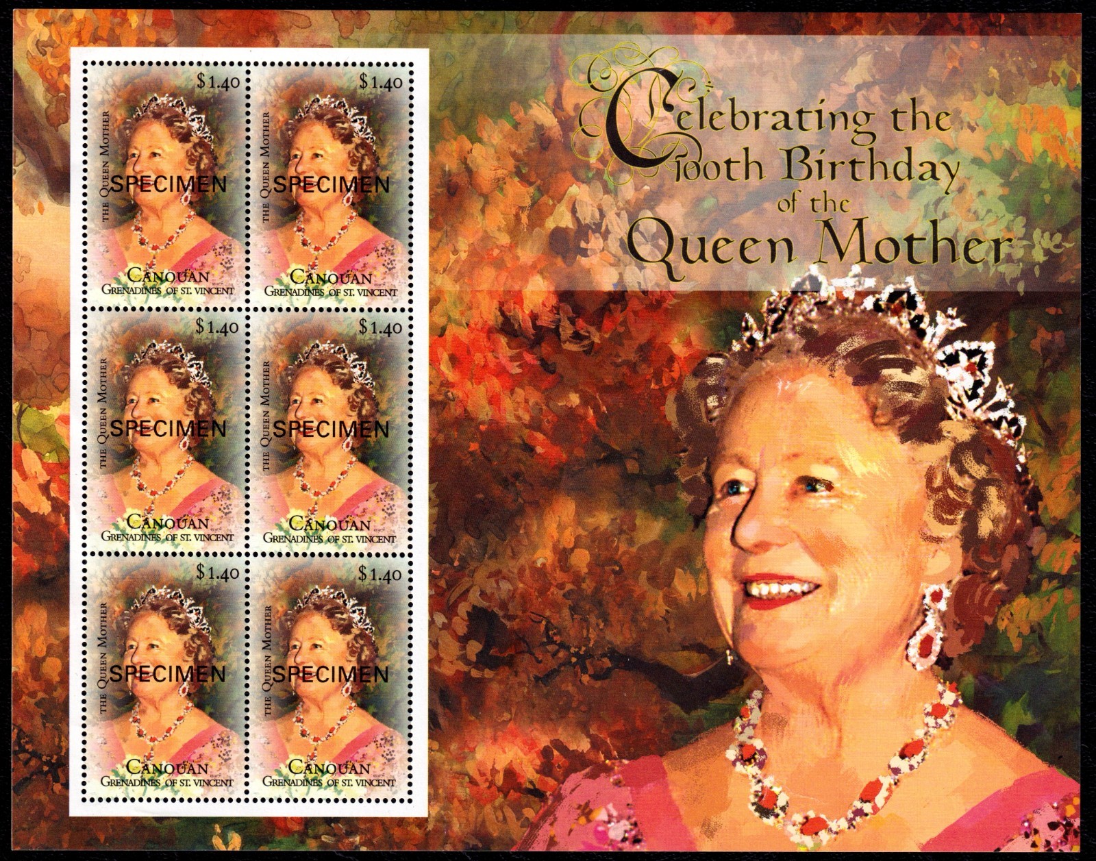 St. Vincent Grenadines - Canouan 2000 Queen Mother 'SPECIMEN' Complete Sheet SC2
