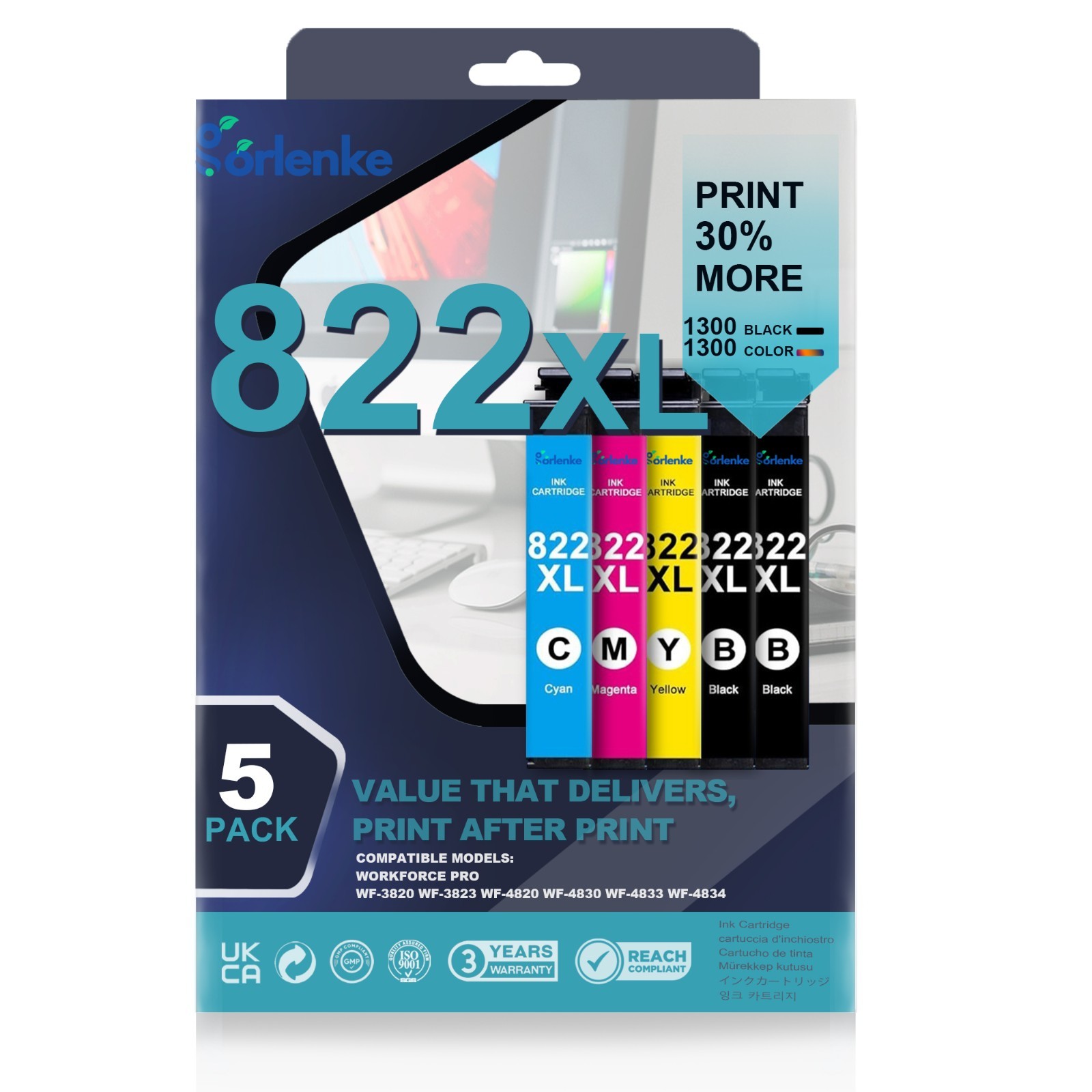 5PK 822XL Ink Cartridges For Epson WF-3820  WF-4833 WF-3823 WF-4830