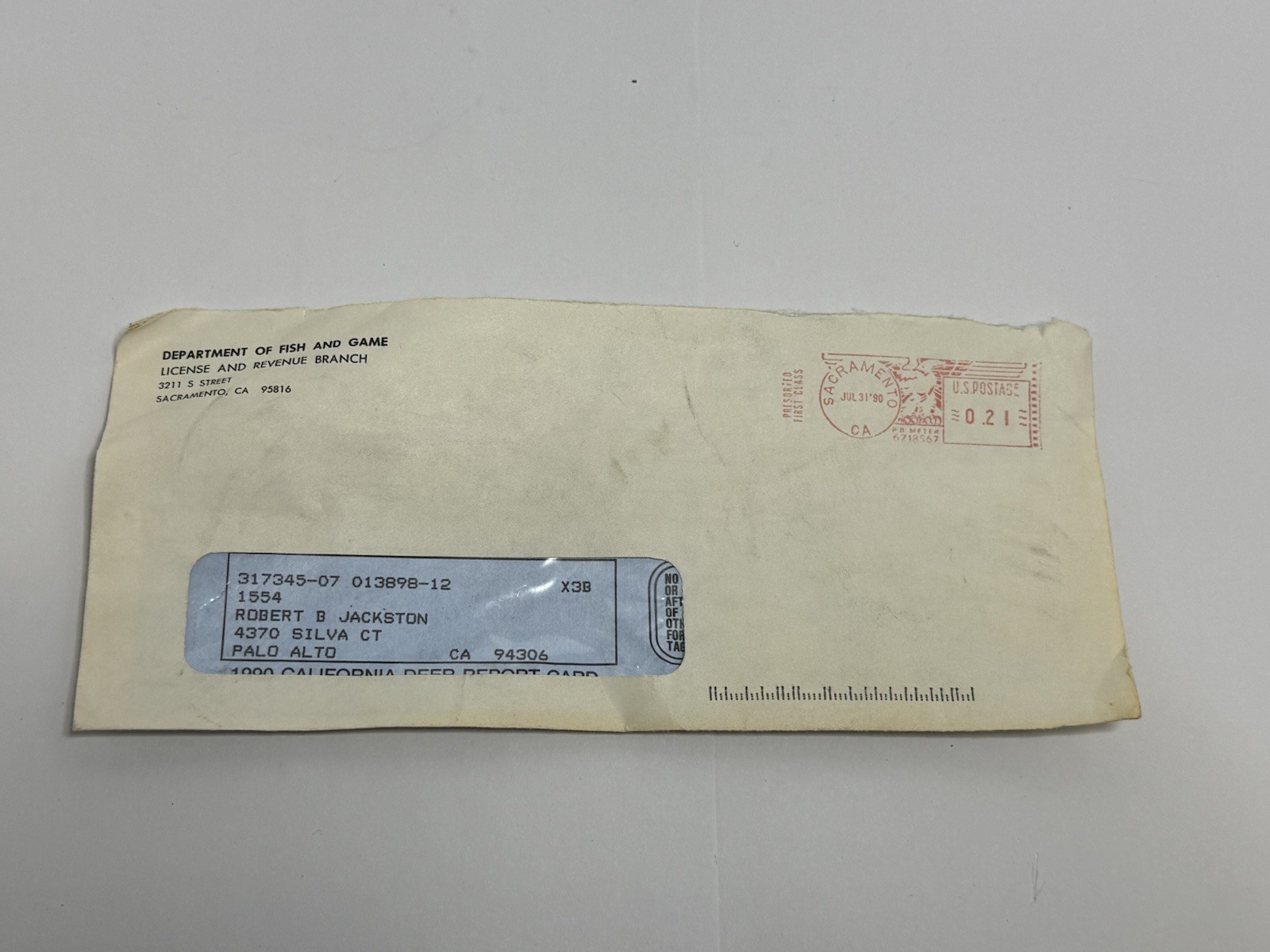 Vintage 1990 California Mule Deer Hunting Tag / Permit Unpunched Unit X3B