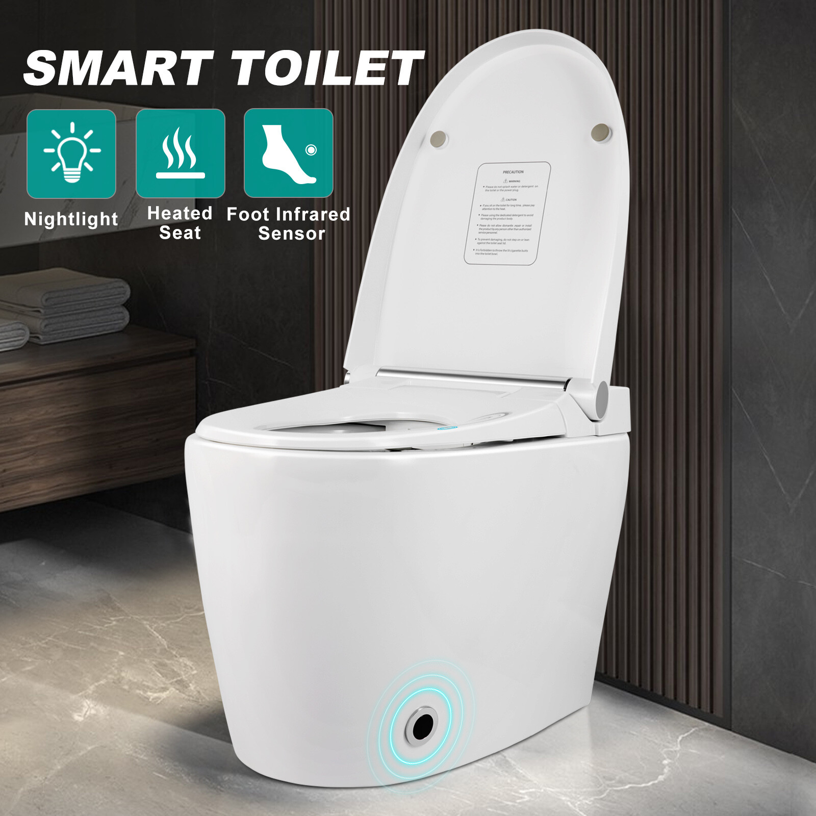 1.27GDF One Piece Smart Toilet Heat Auto Flush Foot Sensor Night Light