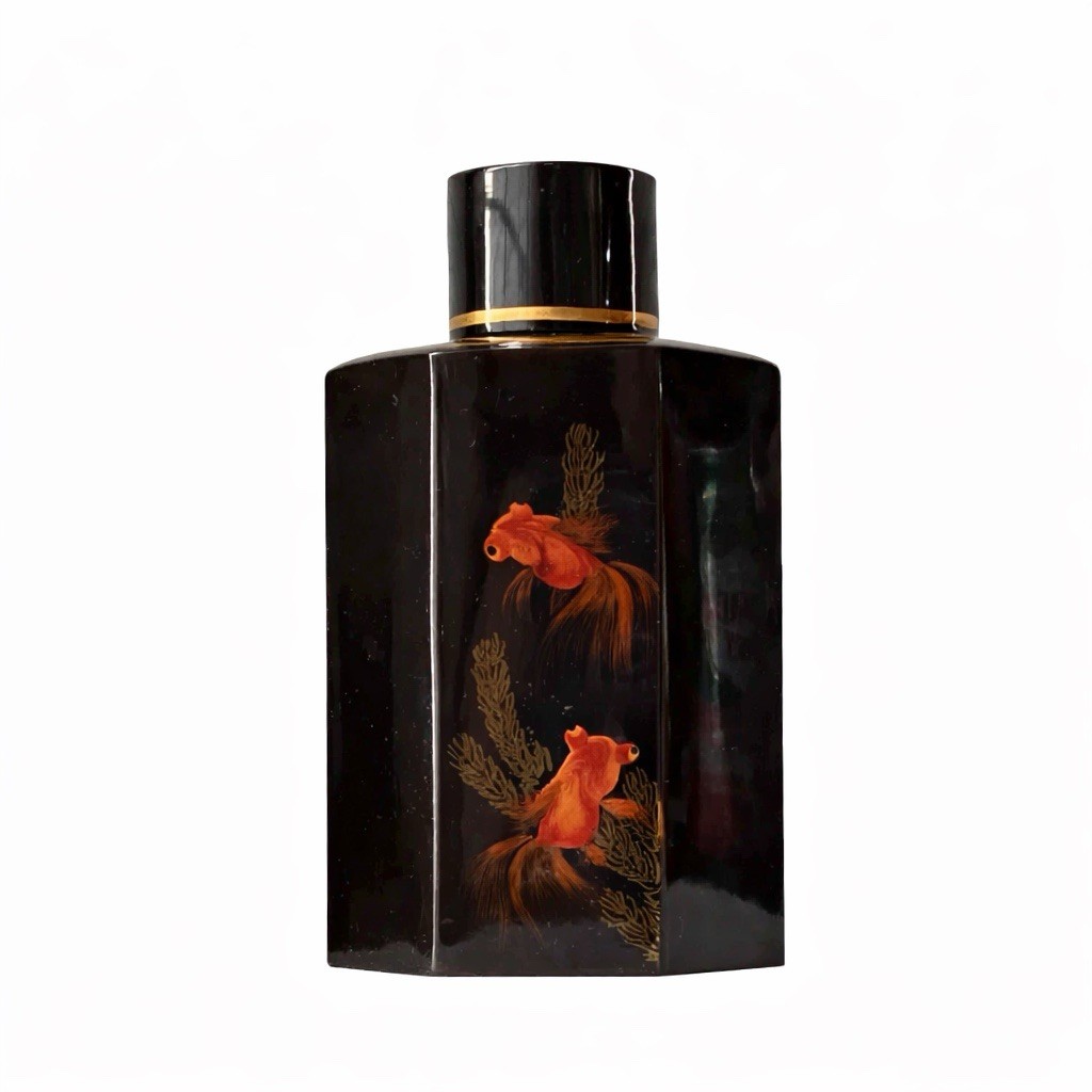 Vintage Vietnamese Lacquer Tea Caddy with Hand‑Painted Goldfish Design, 6" T