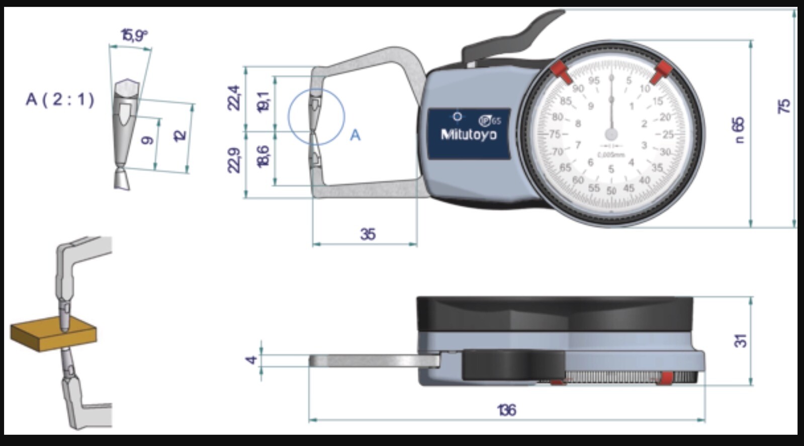 Mitutoyo Outside Dial Caliper Thickness Gauge Gage 0-10mm / 0.005mm