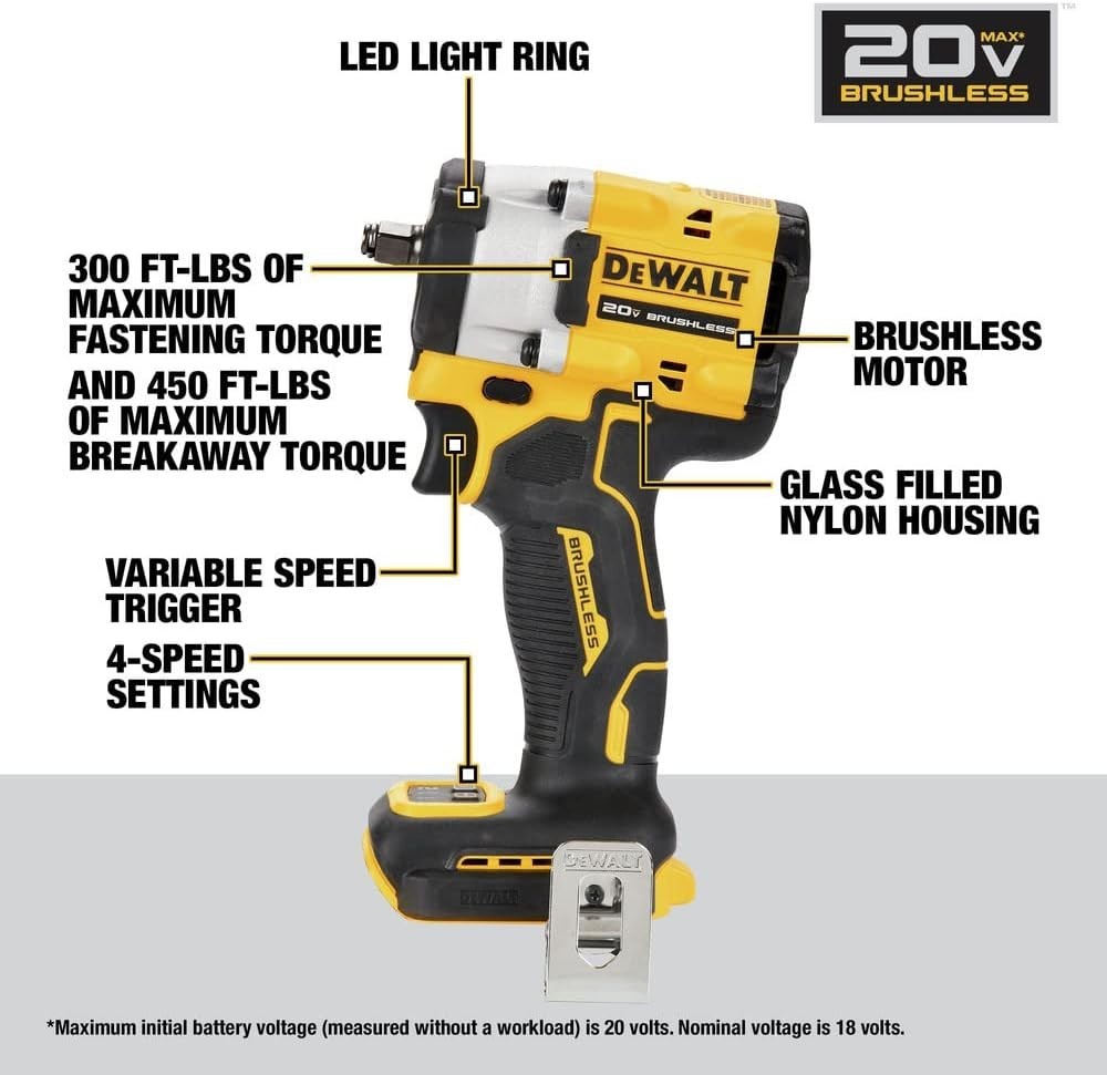 DEWALT ATOMIC 20V MAX* 3/8 in. Cordless Impact Wrench with Hog Ring DCF923B