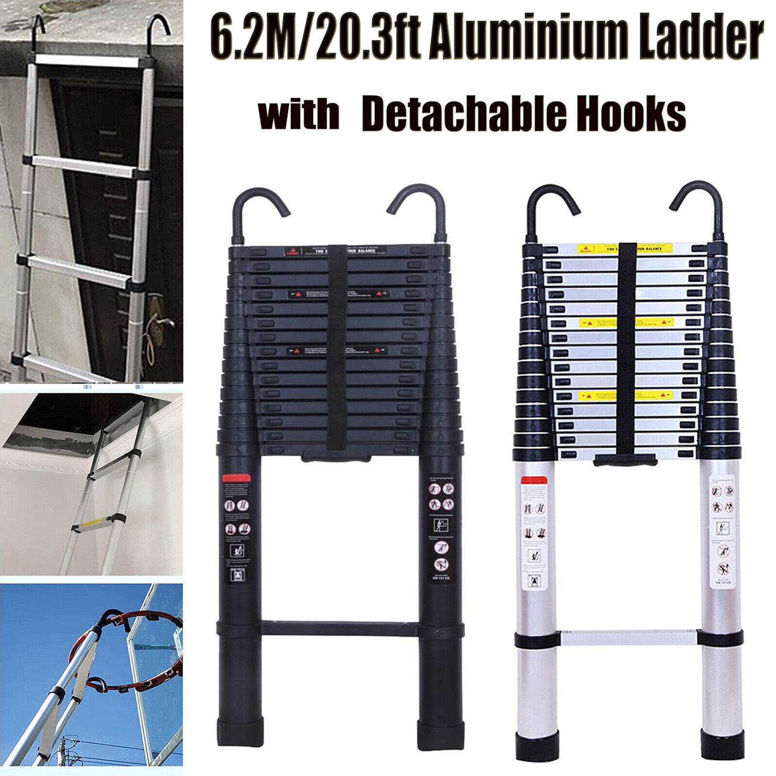 Aluminum Ladder Telescopic Extension Ladder with 2 Safety Detachable Hook 20.3FT