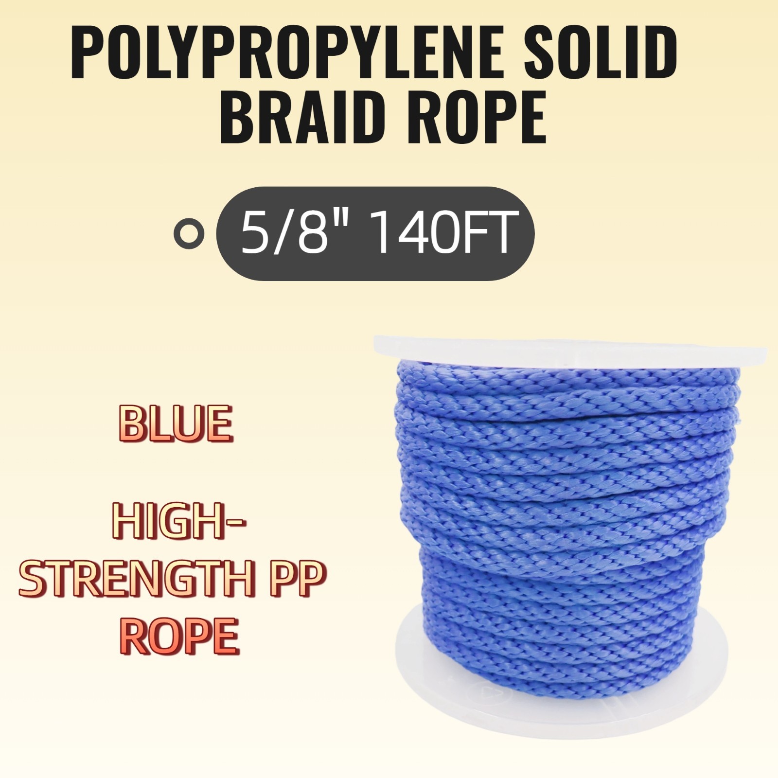 5/8 140 FT Polypropylene Solid Braid Rope for Camping Garden Work