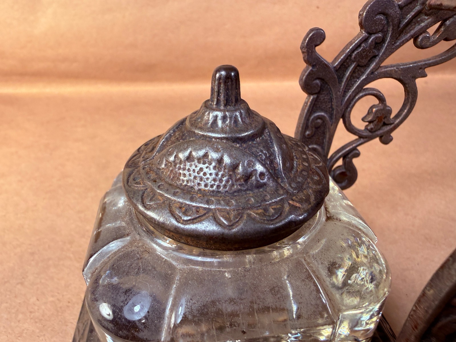 Antique Victorian Cast Iron Inkwell and Pen Holder with Glass Inkwell