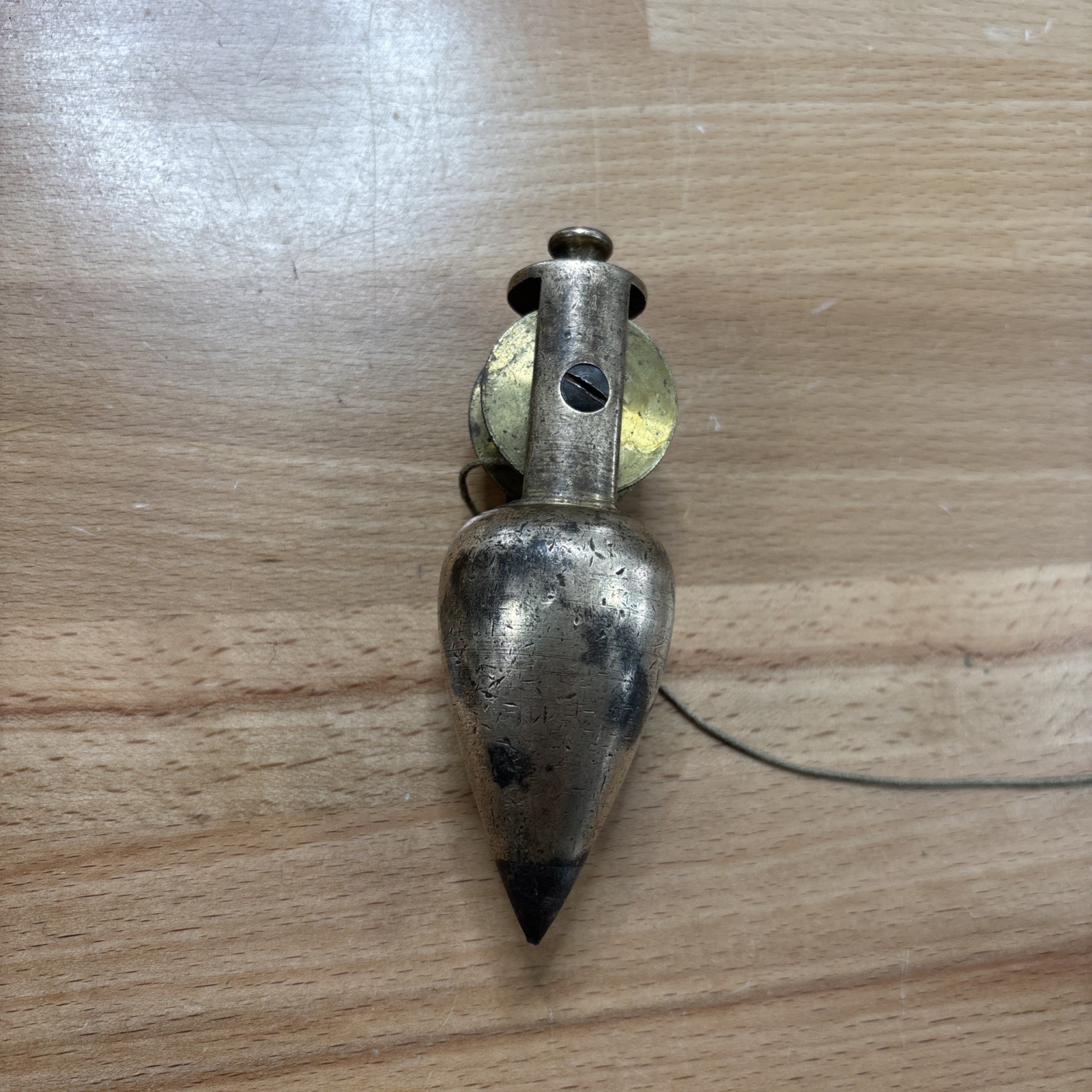 Vintage early Brass Plumb bob W / Integrated  Reel Cord (Stanley?)