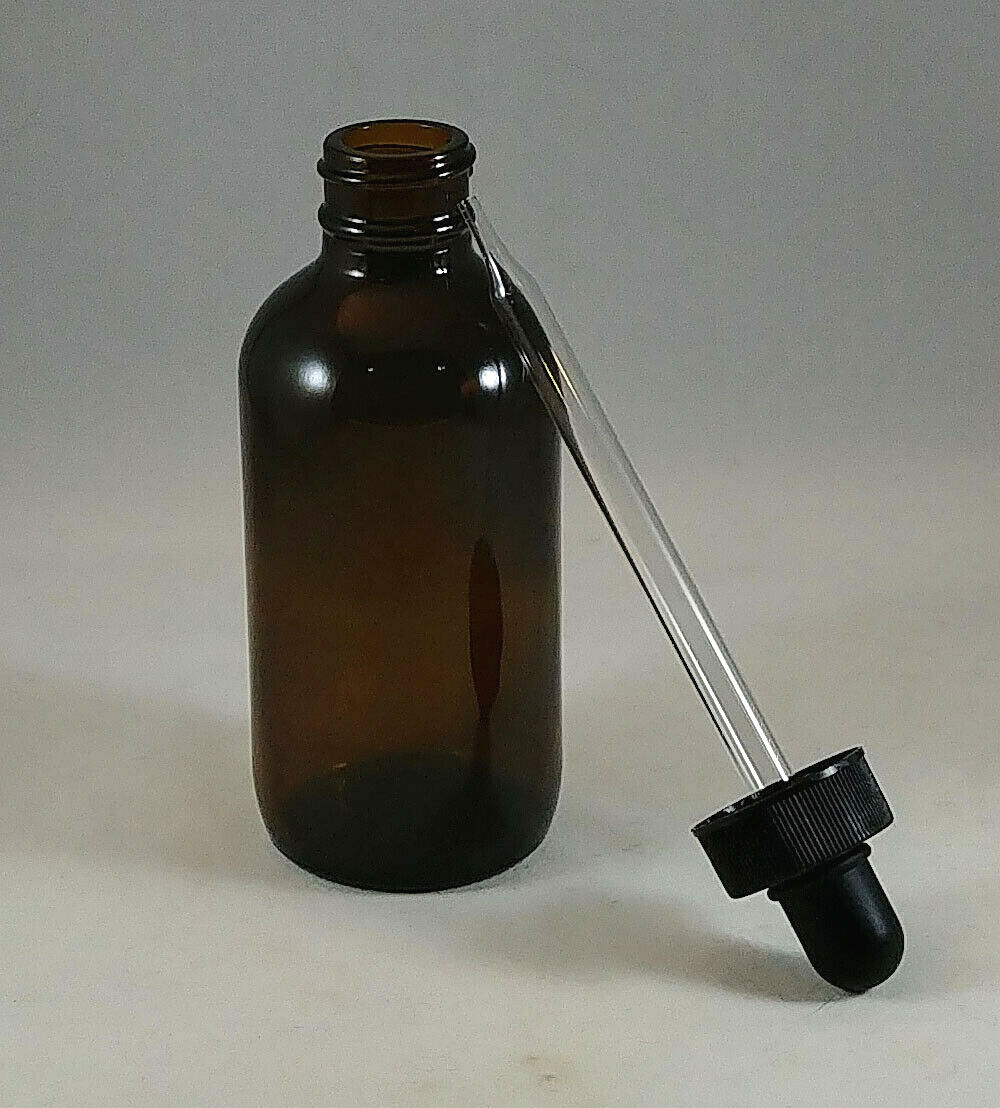 4 oz Amber Boston Round Glass Bottles w Caps, Droppers, Phenolic, Mult Lot Sizes