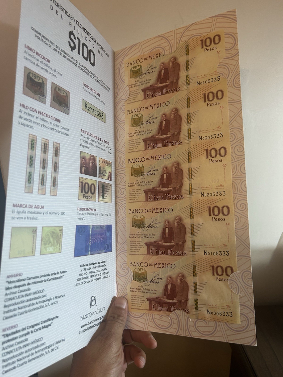 Tira Billetes 100 Pesos Constitución Con 5 Billetes UNC