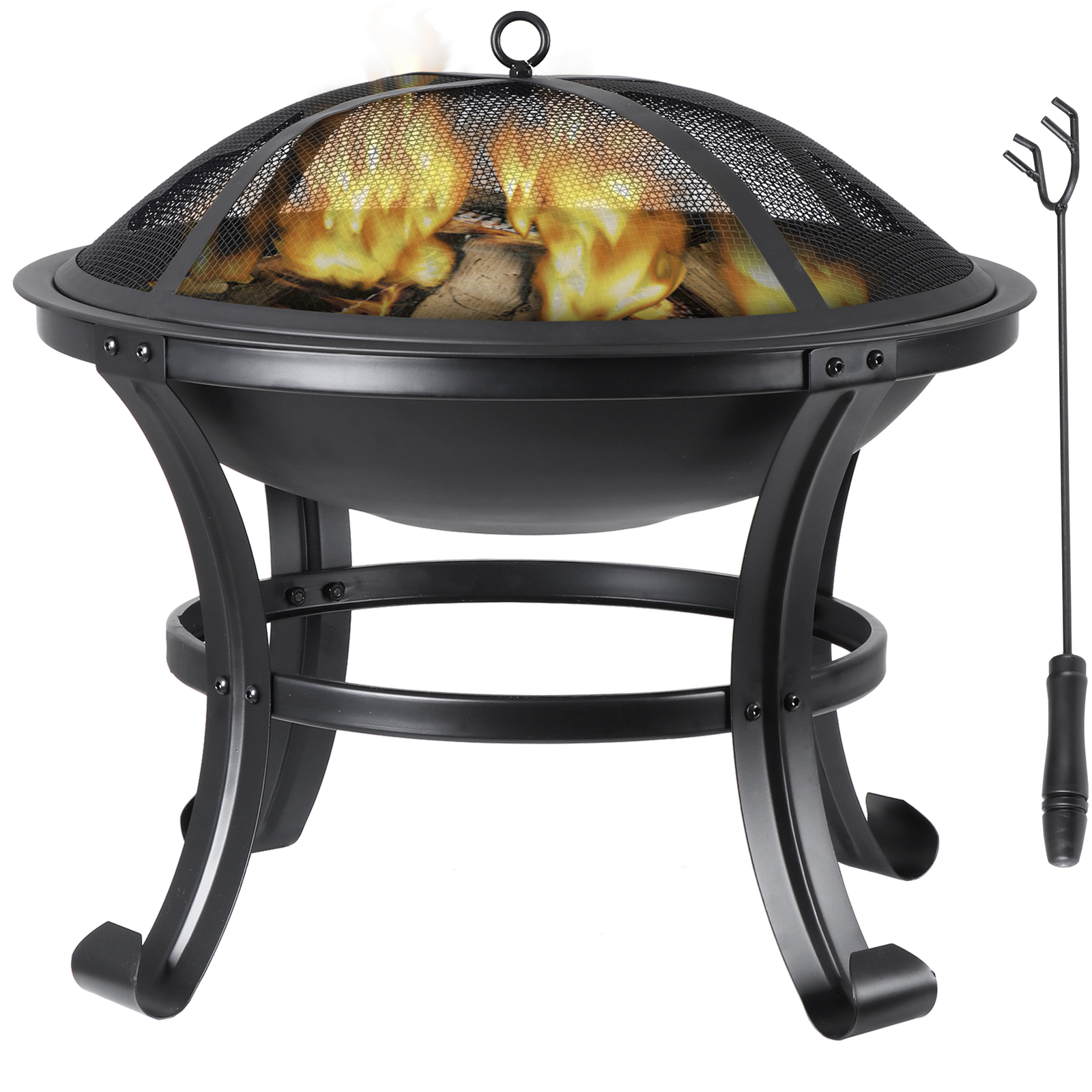 22" Outdoor Wood Burning Fire Pit with Mesh Lid and Fire Picker for Backyard BBQ