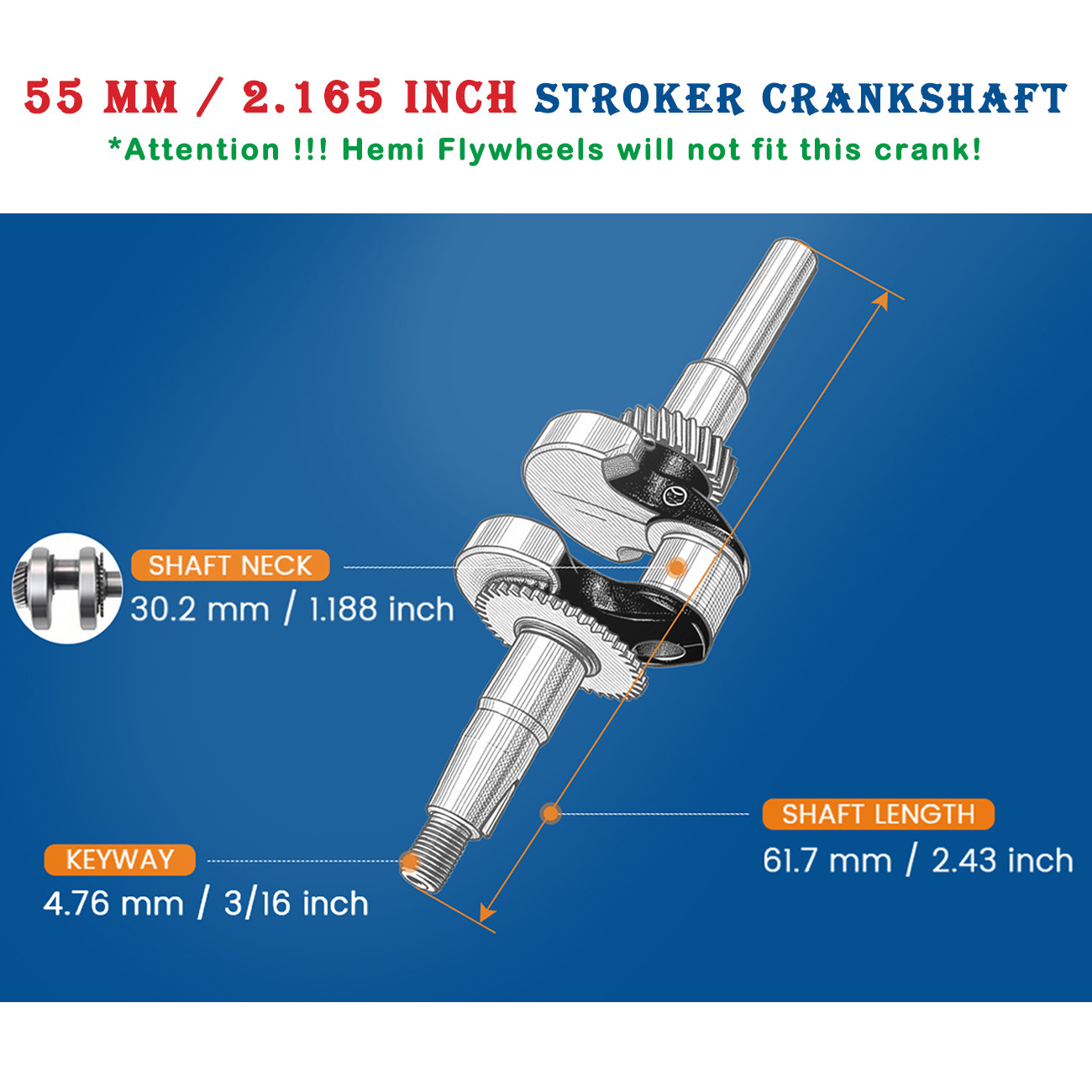 55mm Stroker Crankshaft For Predator 212cc Non Hemi Engine Go Kart Mini Bike