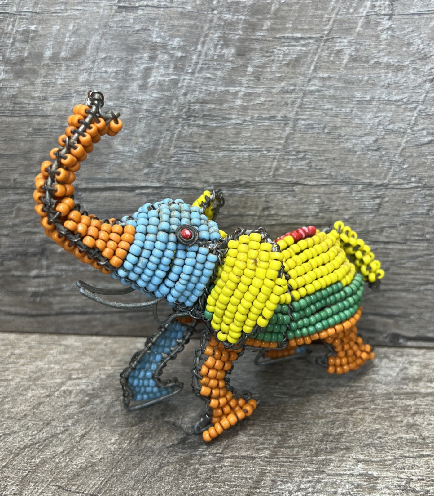 Handcrafted Elephant Beaded Wire Sculpture with Trunk Up for Good Luck Sculpture