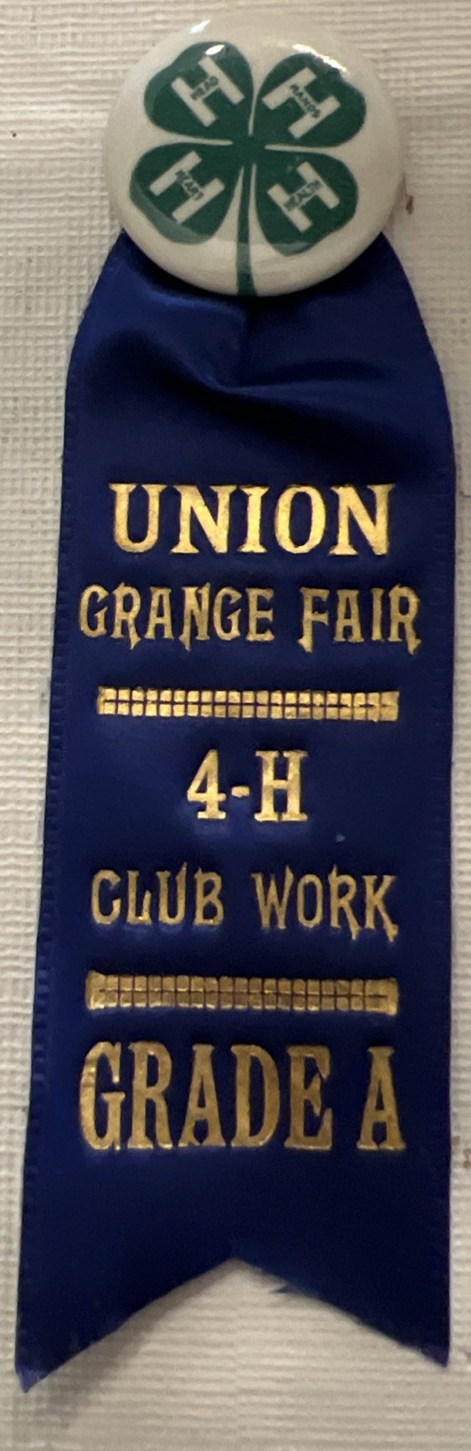 1938 4H Union Grange Fair Blue Ribbon With Celluloid Pin 1.25”x5”