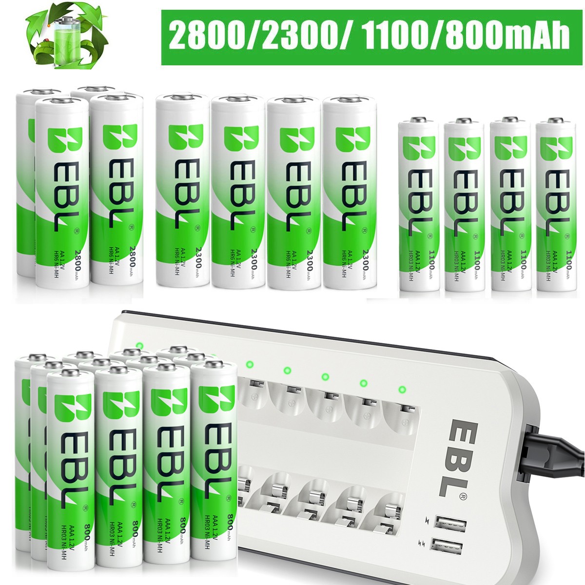 Lot EBL Rechargeable AA AAA Ni-MH Batteries 2300 2800mAh / Optional  Charger