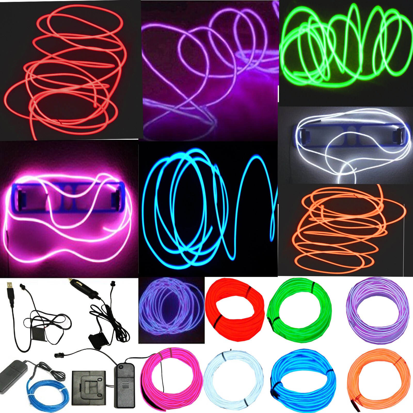 Neon LED Light Glow EL Wire String Strip Rope Tube Decor Car Party + Controller