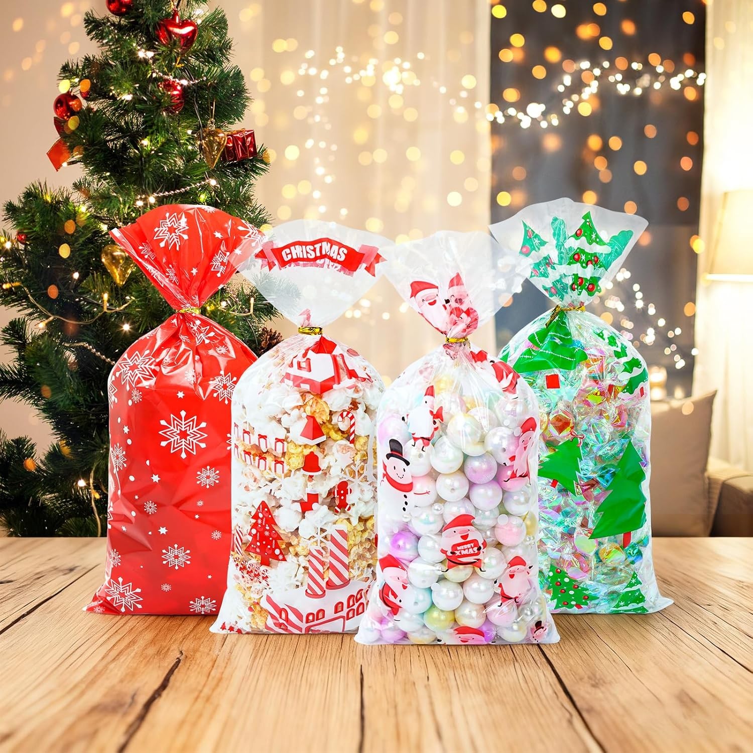 120 Pcs Christmas Cellophane Treat Bags Red Green Holiday Gift Cookie Wrap Sack