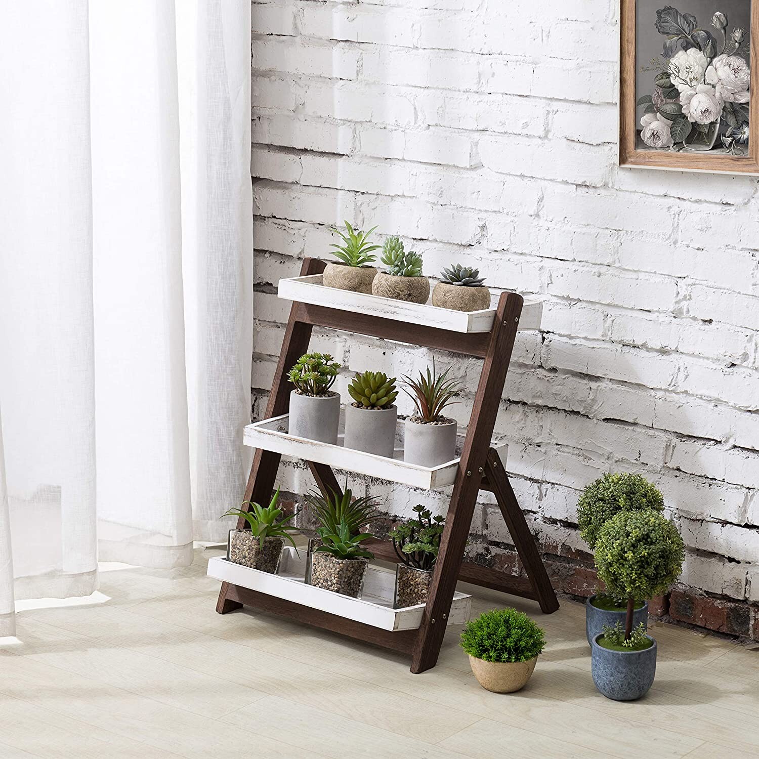 Burnt Brown Wood 3-Tier Shelf Stand, Freestanding Ladder Shelf, Display Stand