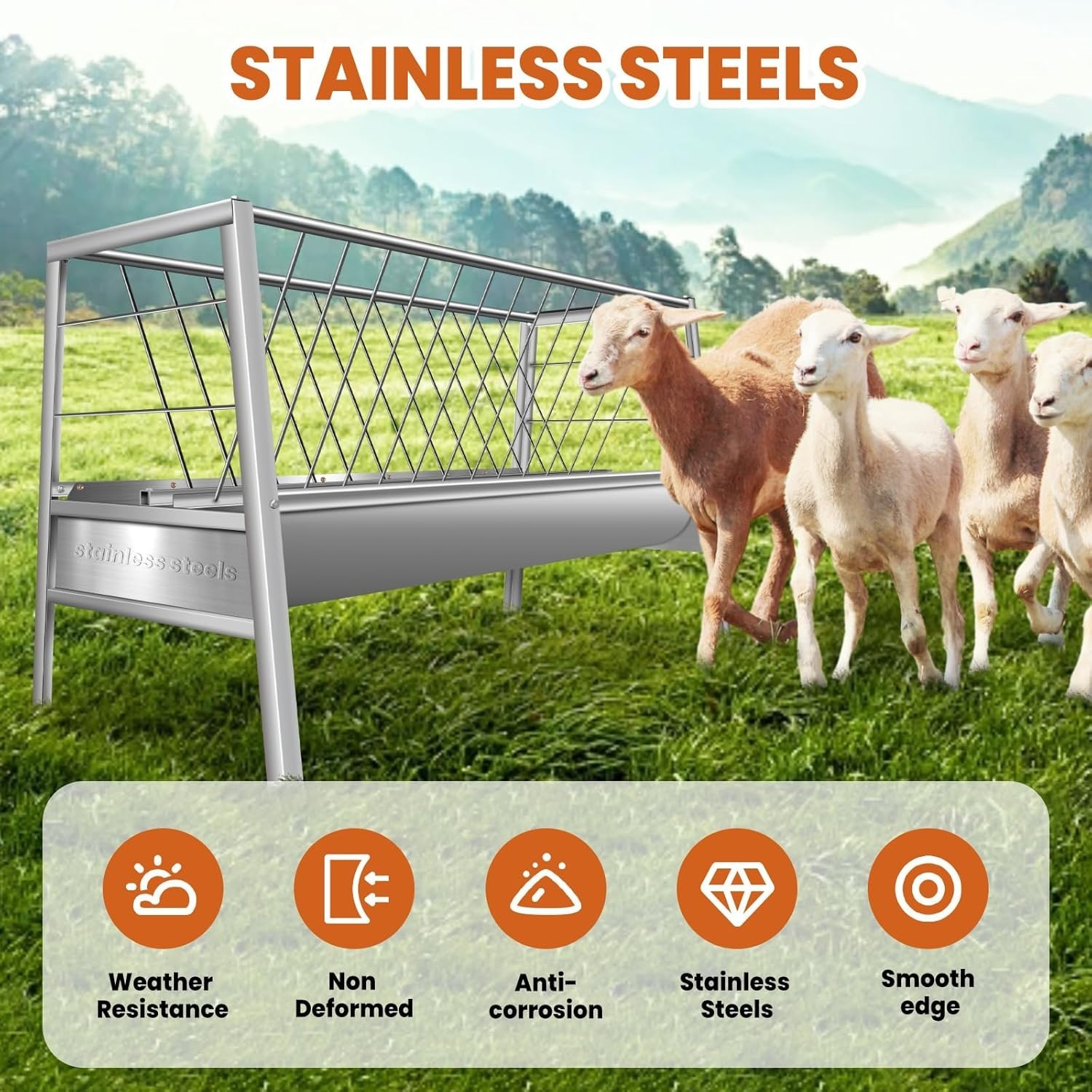 99 Gal Goat Hay Feeder 2 in 1 Stainless Steel Livestock Feed Trough with Tray