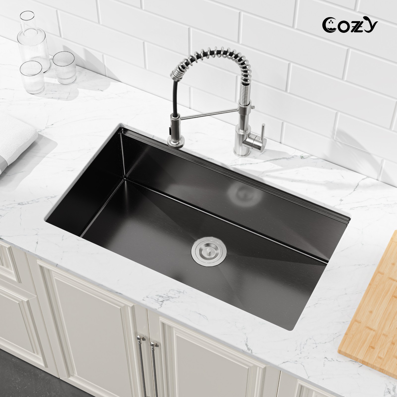 Cozy undermount stainless steel Black sink 30x19x10 inch with accessory