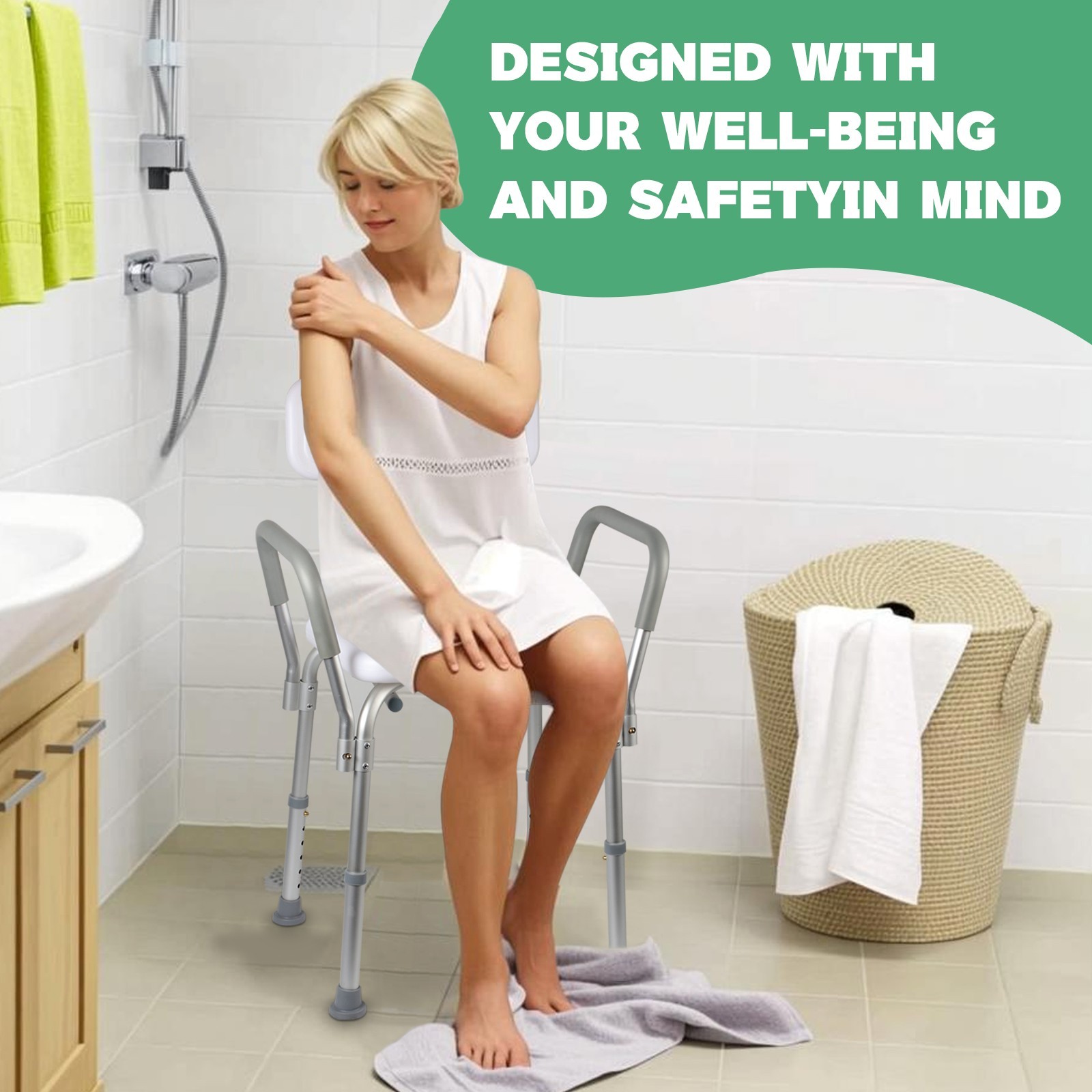 Shower Chair 350lb Bath Bench Seat with Back, Arms, Adjustable