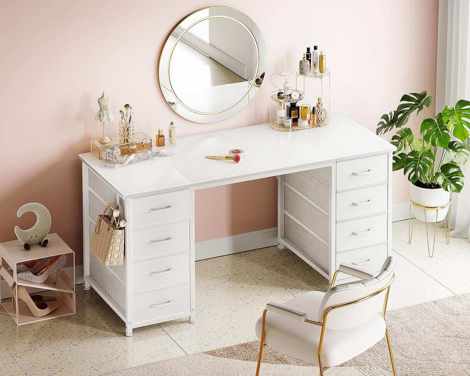 ODK 48 Inch White Computer Desk with 8 Fabric Drawers, Modern Office Desk