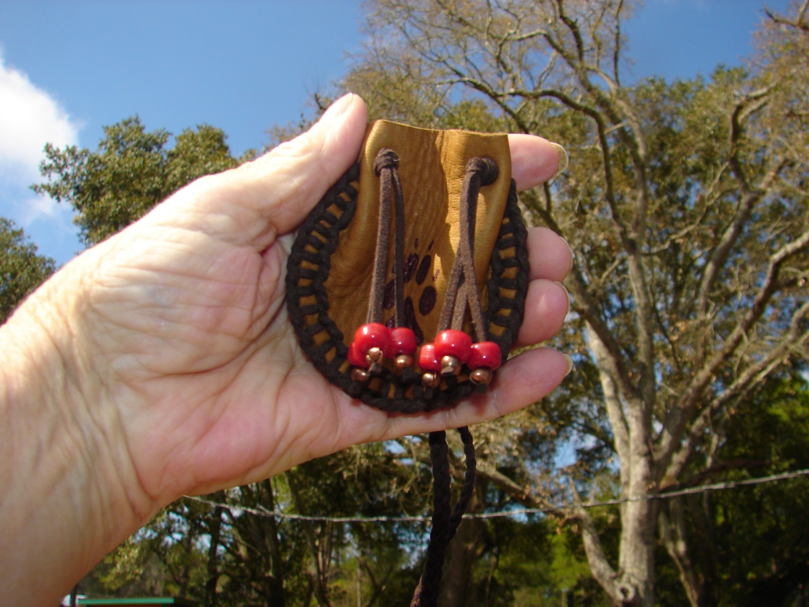 Native American Deerskin Medicine Bag, Wolf Paw Graphs Talisman, Drawstring, 3"