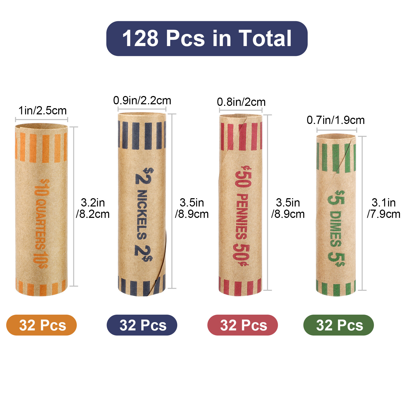 128pcs Assorted Preformed Coin Wrappers Rolls, Change Paper Rolls Wrapping Tubes