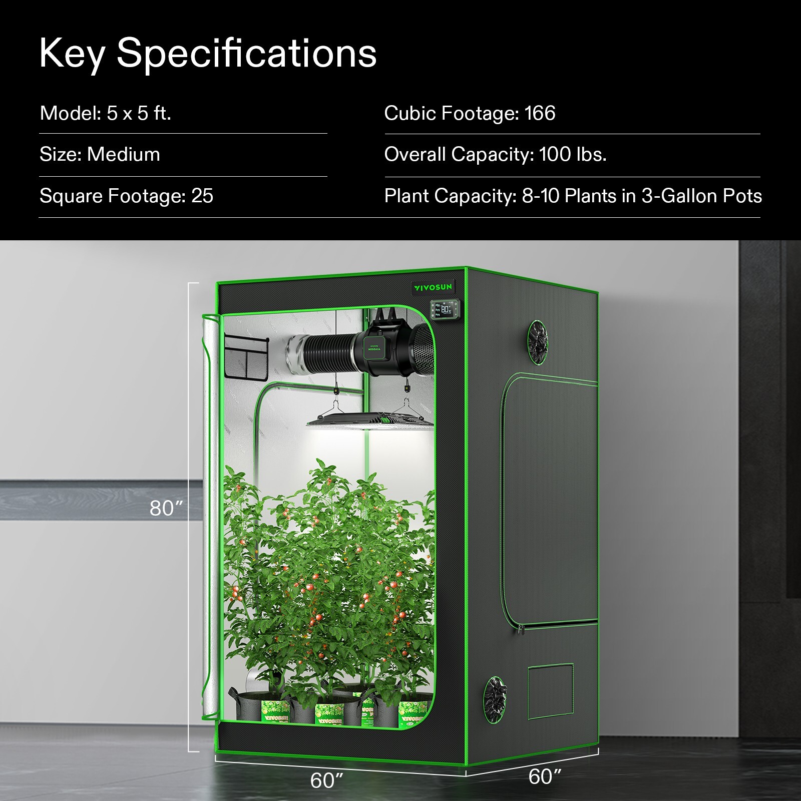 VIVOSUNIndoor Grow Tent 5'x5' Non toxic Mylar Room Reflective 60"X60"X80"