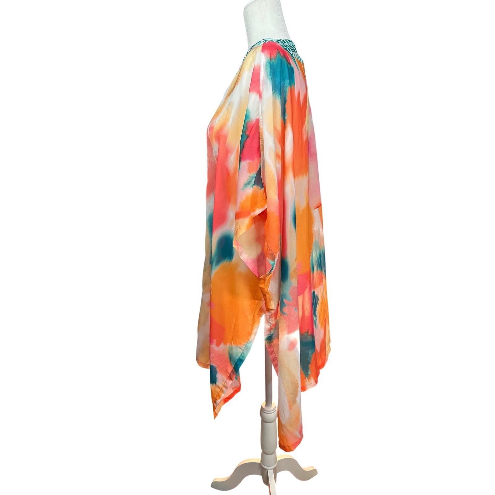 Chico's Kimono Wrap Womens L/XL Orange Pink Watercolor Abstract Boho Coverup