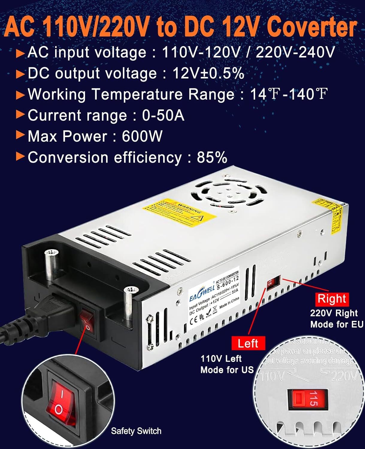 110V AC to 12V DC Converter Power Supply SMPS Transformer for RV Pump LED Strip