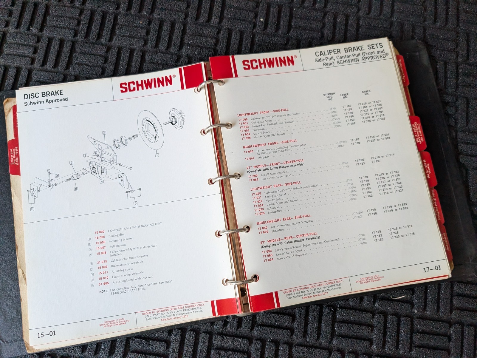 SCHWINN 1973 Bicycle Dealer Parts & Accessories Manual in Original Binder