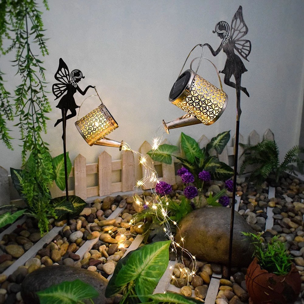 LED Solar Watering Can Lights Waterproof Garden Deco Metal Outdoor Light