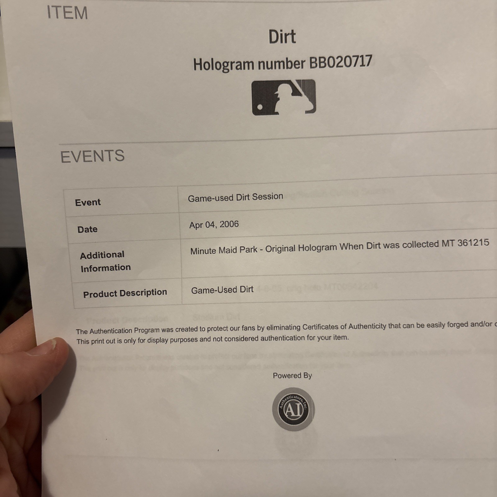 Roger Clemens Certified Authentics Mounted Memories Game Used Dirt